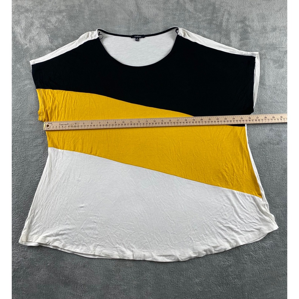 Ambiance Womens 2X Colorblock Top Black Yellow White Short Slv Scoop Neck Blouse - Picture 3 of 8